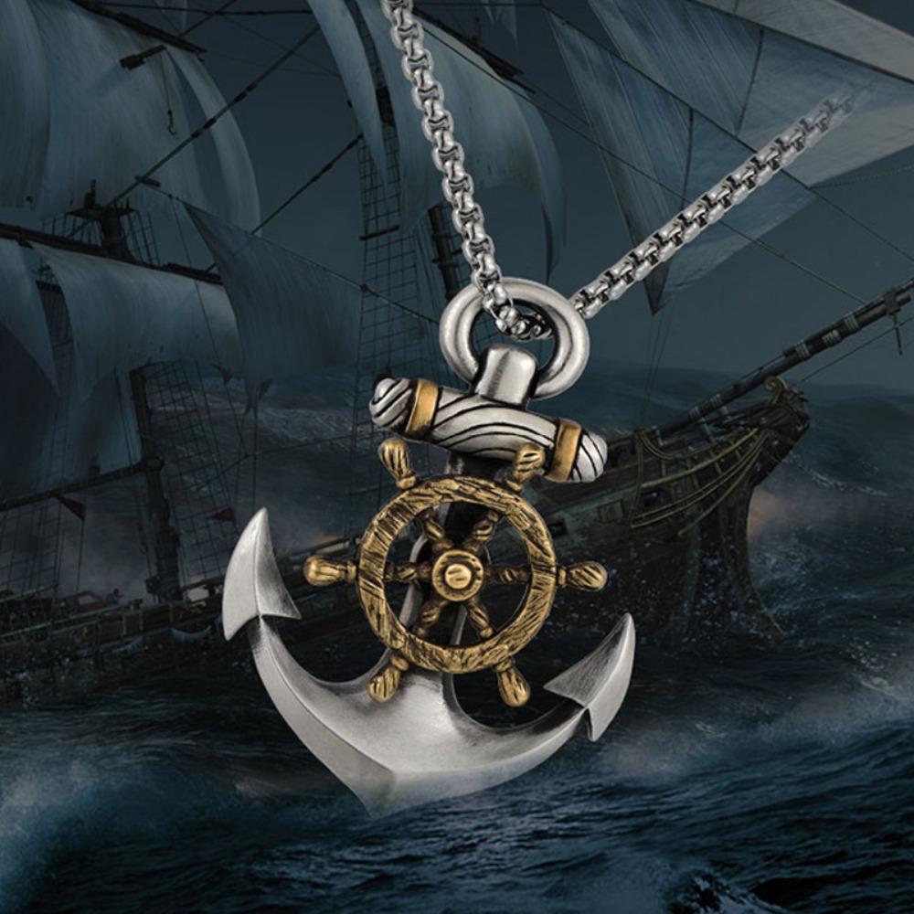 New Mens Retro Necklace Navy Pirate Ship Anchor Pendant Rotating Rudder Punk Fashion Jewelry Gift Accessories