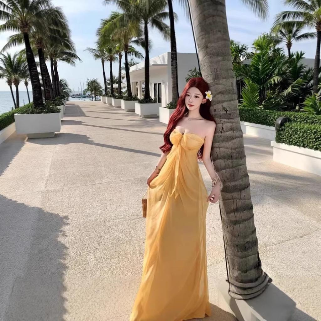 Seaside beautiful temperament yellow tube top neck dress women's dopamine bright atmosphere holiday dress