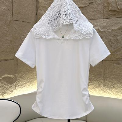 White Hooded Lace Short Sleeve T Shirt Women Summer New Slim Fit Top Fashion All-match