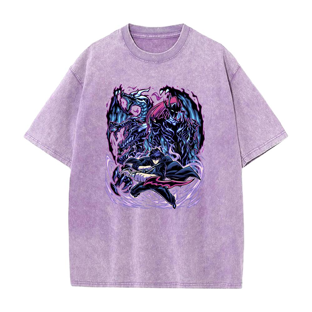 Anime Solo Leveling Sung Jin Woo Beru Print Washed Tee Men High Quality Cotton T-shirts Oversized T Shirt Harajuku Male Tshirt