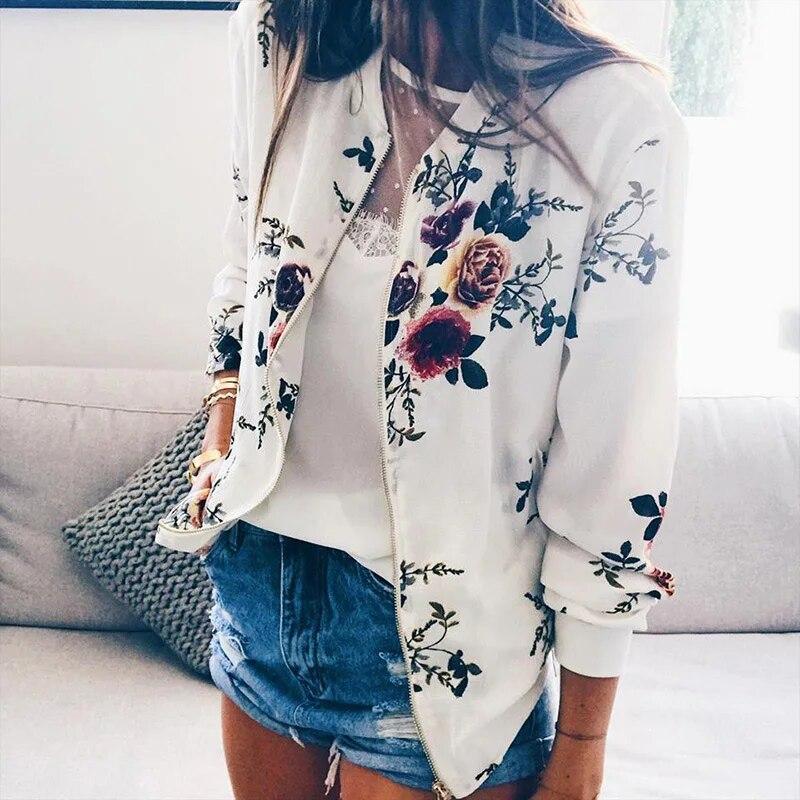 Floral Printed Elegant Zipper Jacket Women Office Retro Outwear Short Jacket Female Casual Y2K Streetwear Coats Spring 2024