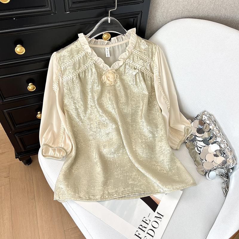 

Женская рубашка с V-образным вырезом 2025 весна новая корейская версия жемчужная цепочка тонкая рубашка темпераментная высококлассная роскошная женская майка XXXL [Recommended 138-75kg]