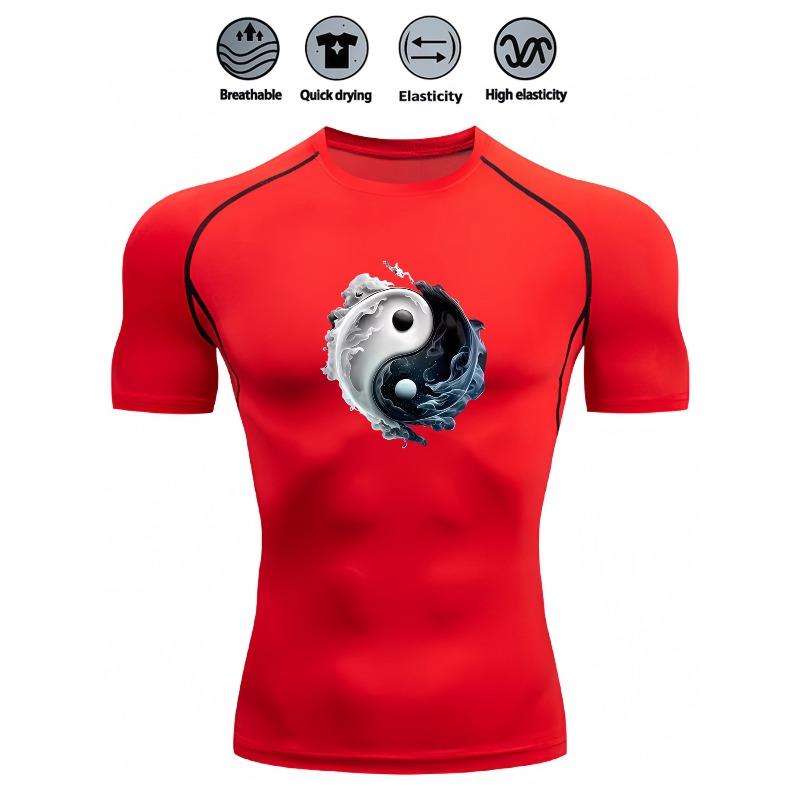 Mens White Compression Short Sleeve T-Shirt Yin Yang Graphic Quick Dry Breathable High Elasticity Gym And Running Athletic Top