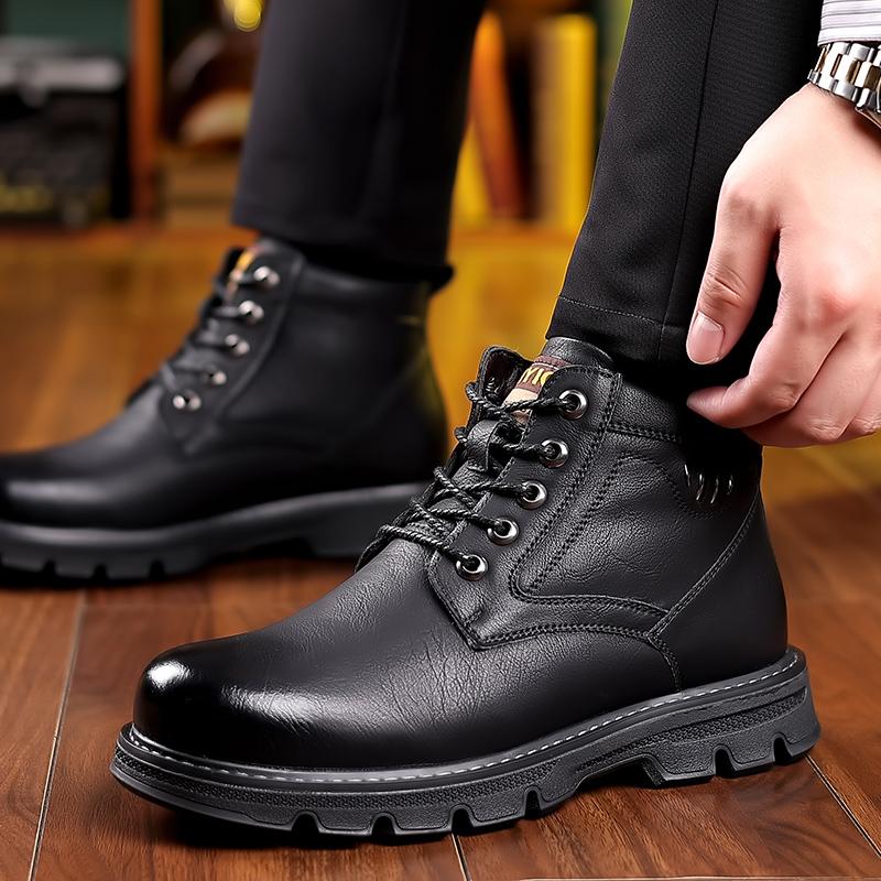 Fashion Genuine Leather Mens Tooling Boots Winter Outdoor Non-Slip Snow Boot Wool Fur Casual Shoes Man Ankle Boots Waterproof Snow Boots