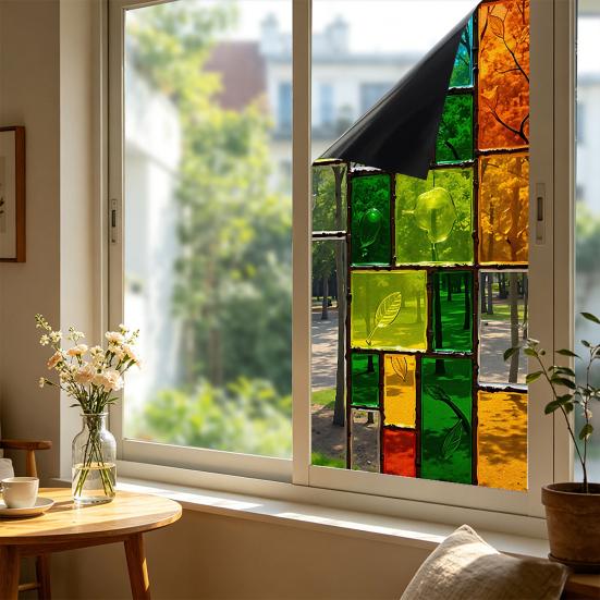 Static Cling Window Film, Full Blackout, Colorful Geometric Privacy UV Blocking, Reusable Heat Insulation Window Sticker for Home Office