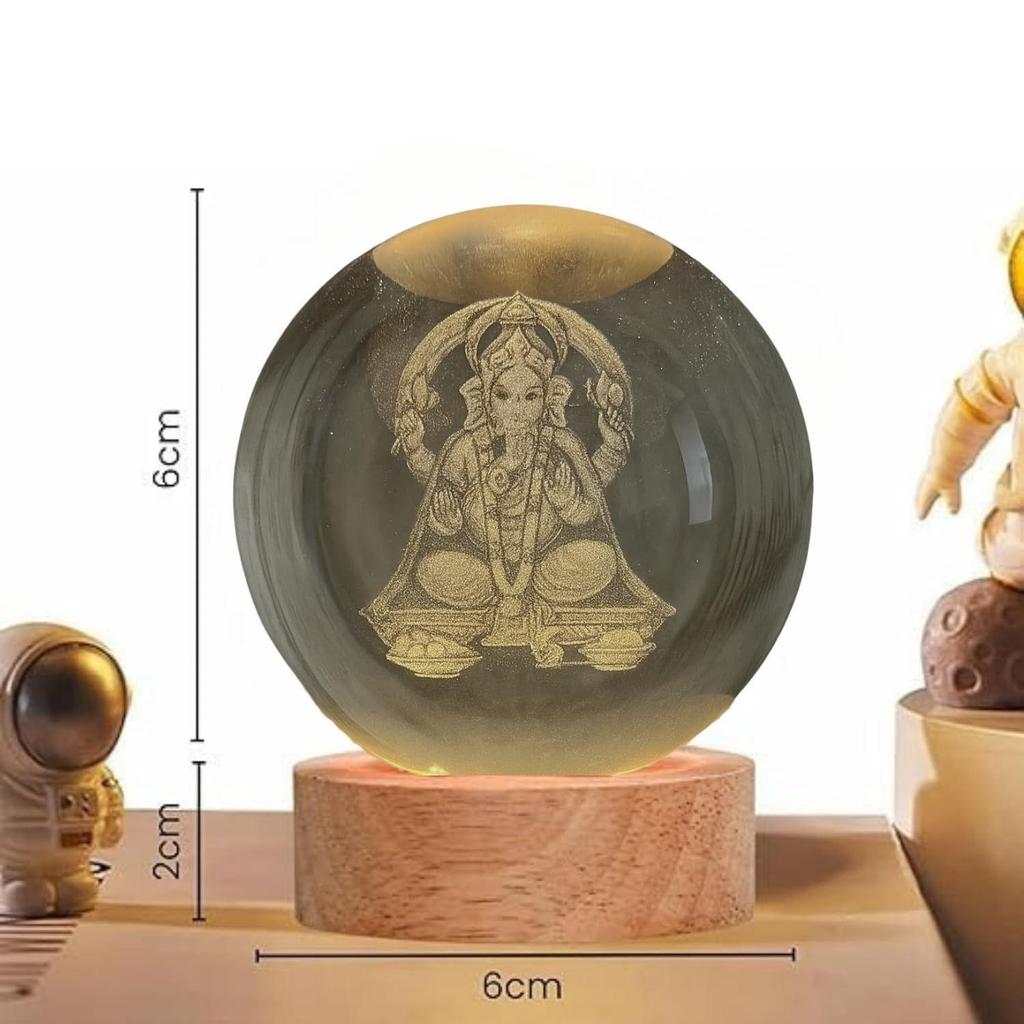 Crystal Ball Night Lamp – Engraved Ganesh Ji LED Light, USB-Powered Table Lamp with Wooden Base, Romantic Home & Office Décor, Bedroom, Anniversary