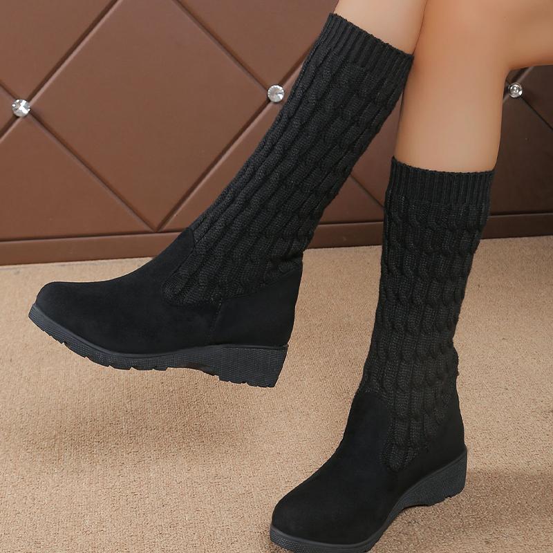 

Женские сапоги на танкетке, высокие сапоги на среднем каблуке, выше колена, вязаные туфли, женская мода 2025 года, классические сапоги-носки, женские ботинки 41