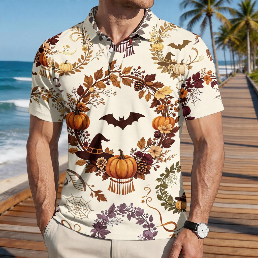 Men Halloween Print Casual Short Sleeve Shirt with Pumpkin Bat and Leaf Patterns Lightweight Button Down Top