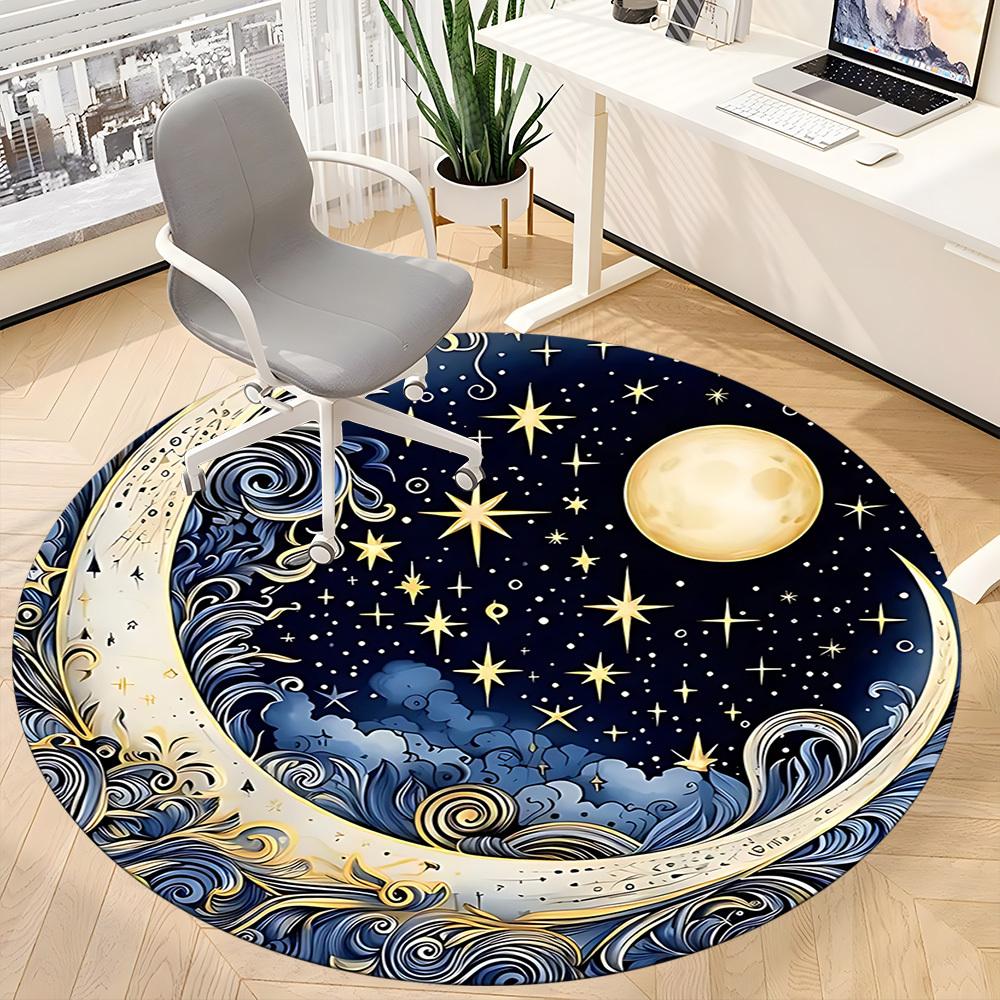 1pc Moon Stars Office Round Area Rug, Under Office Chairs Bedroom Living Room Home Decor, Room Deco