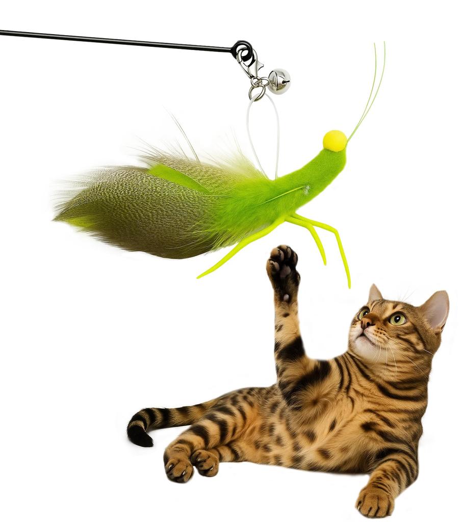 HOLYCAT Cat Toy, Insect-Shaped Cat Teaser with Natural Feathers, Perfect for Solo Play, Includes Bell, Popular Cat Toy, Fishing Pole, Unique Design,