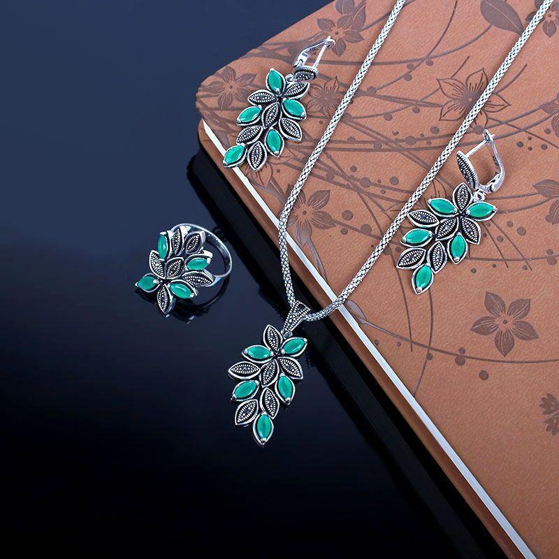 

Ajojewel Vintage Crystal Branch Leaves Jewelry Sets For Women New High Quality Rings Earrings Necklace Antique Silver-color 9&45cm