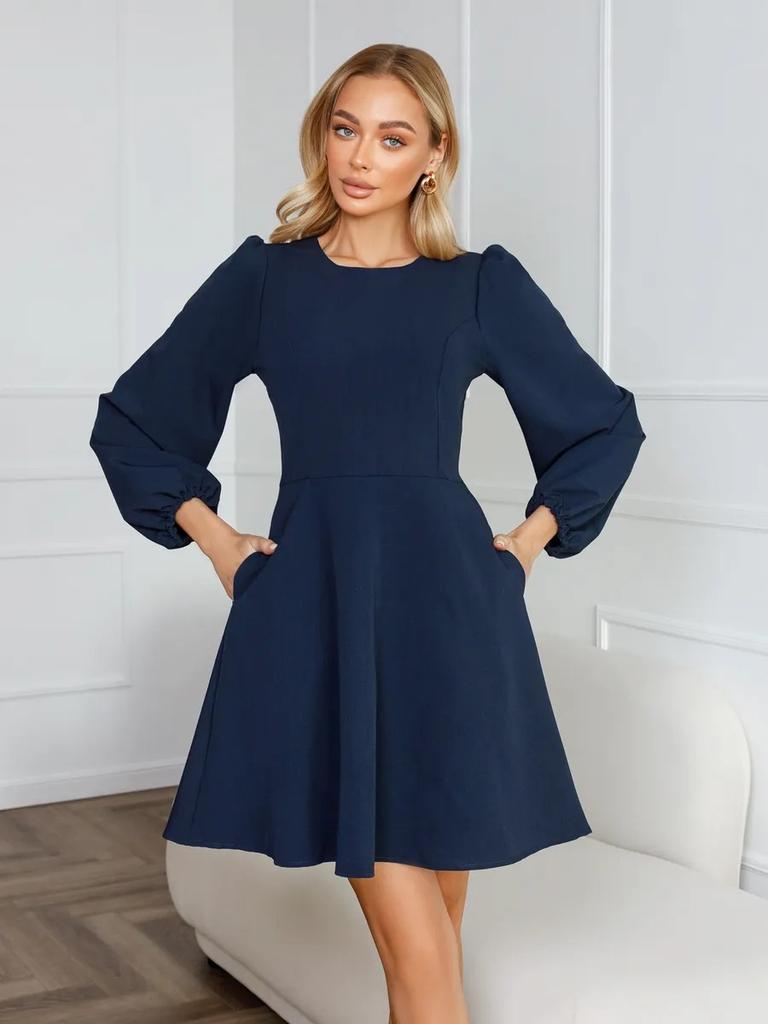 women's solid round neck puff long sleeve high waist a line mini dress with side pockets office casual swing gown