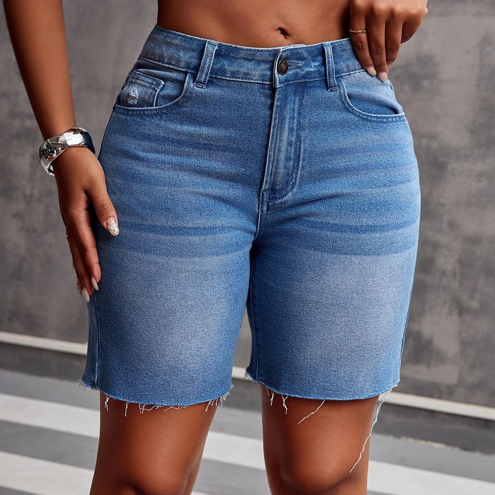 Women Summer Denim Shorts High Waist Solid Color Pockets Jean Short Pants