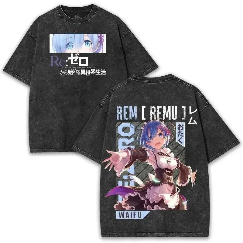 Re:Zero Rem Oni Horn Vintage Washed Anime T-Shirt, Unisex Kawaii Anime Fan Streetwear Tee, 100% Cotton Casual Short Sleeve Top