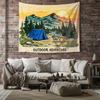 Outdoor Adventure Camping Tapestry, Sunset Mountain River Pine Tree Blue Tent Cartoon Wall Hanging Decor