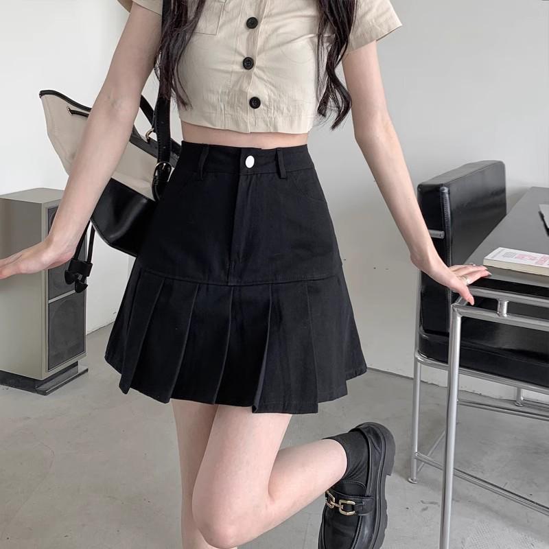 

Women s Black High-Waisted Pleated Midi Skirt - Spring/Summer 2024, Slimming Bodycon A-Line, Versatile Plus Size. 4XL