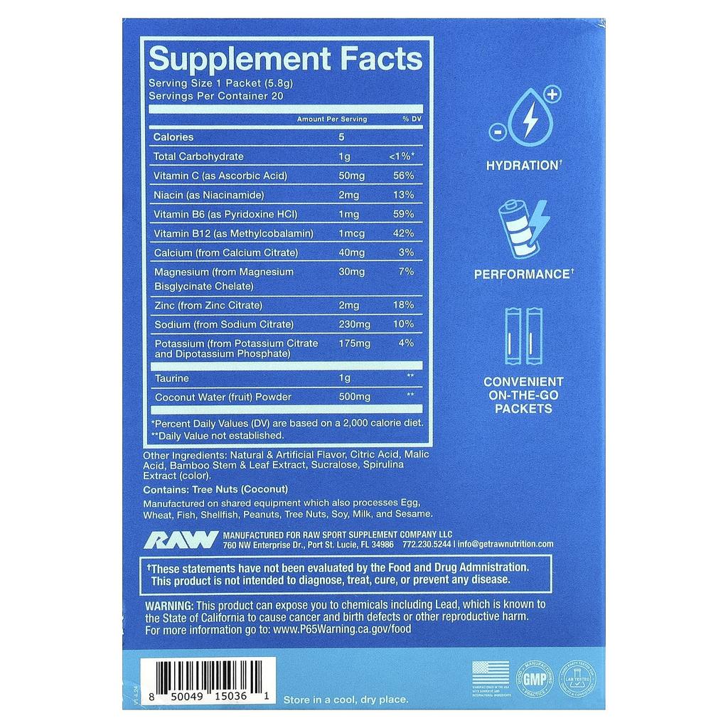Raw Nutrition, Bu, Hydration, Electrolyte Formula, Blue Raspberry, 20 Packets, 6.1g (0.22oz) Each