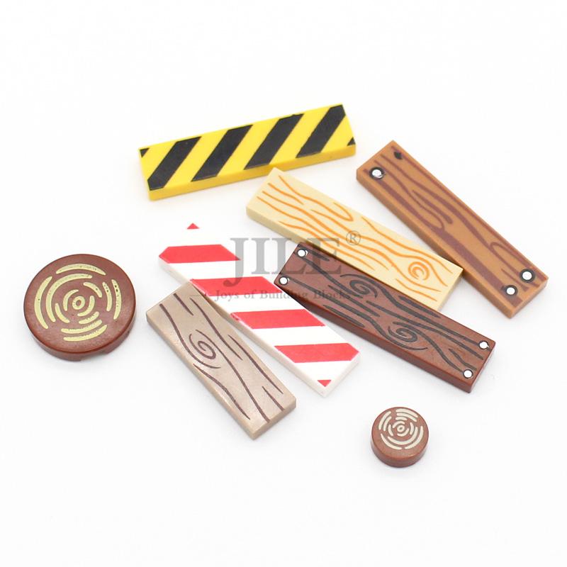50pcs Moc Tile 1x4 1x3 Tablet with Wood Grain Danger Stripes Pattern DIY Building Blocks Bricks Compatible with 2431 63864