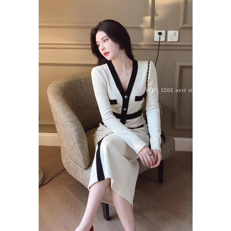 Rich daughter temperament celebrity white knitted bottom hip dress women's early autumn with coat