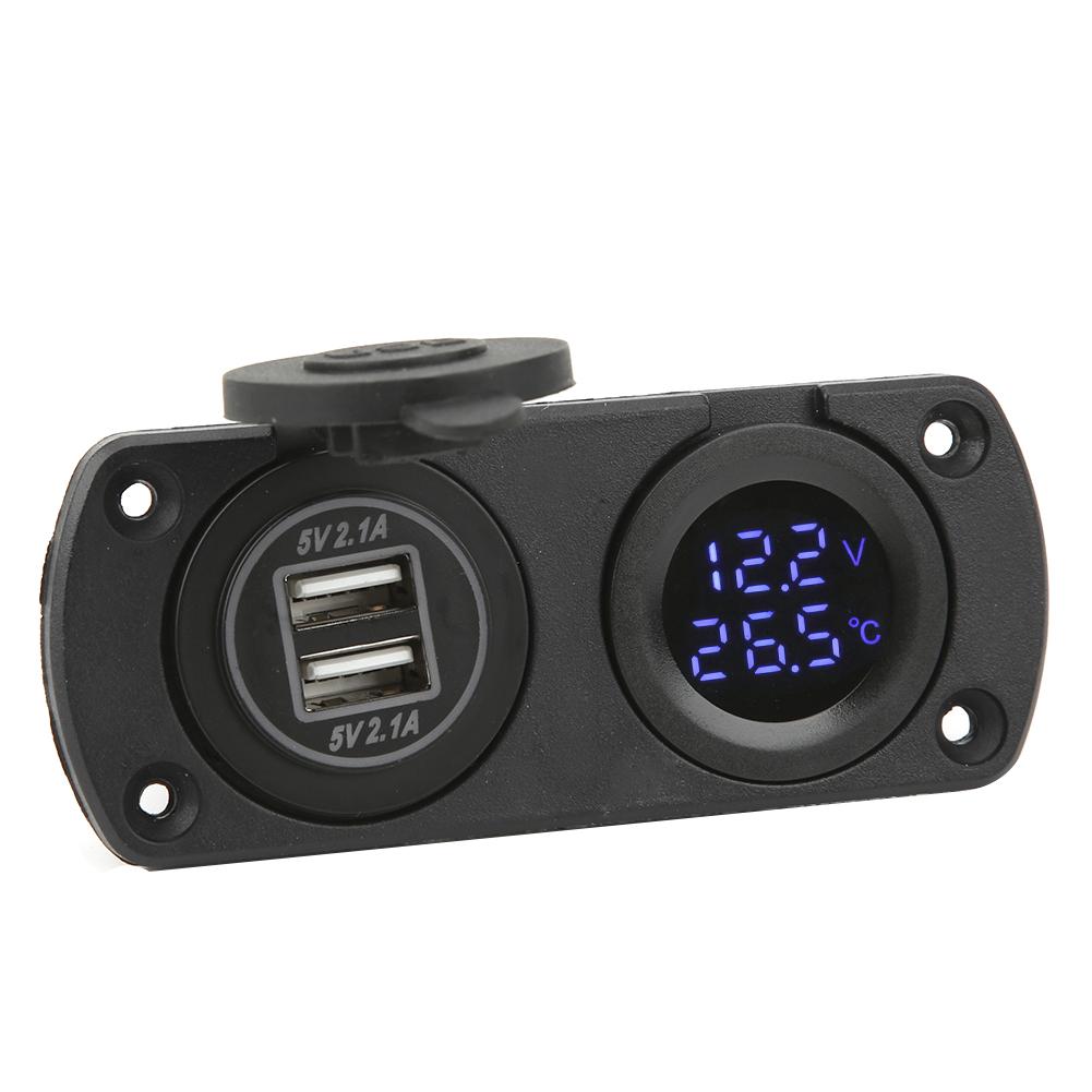 Termometru Volmetru Încărcător Auto USB Dublu 12V Priza de Alimentare Soclu Brichetă Albastru
