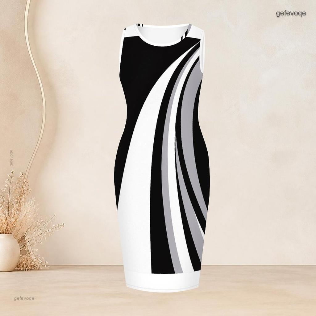 Women Plus Size Two Piece Set Round Neck Sleeveless Bodycon Dress Three Quarter Sleeve Open Front Cardigan Black White Floral Printed