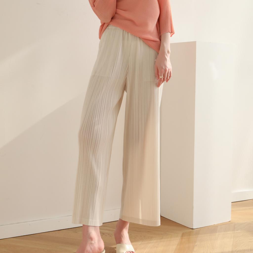 Woman Loose Pleated Pants Solid Slim High Elastic Loose Wide Straight Simple Casual Style Summer Cropped Trousers