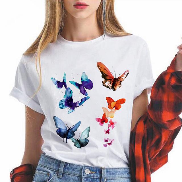 

New Butterfly Print Women T-Shirt Butterfly Printed Top Female Tshirt Harjauku Fashion Loose Casual O-Neck Lady Tee Tops Clothes L білий