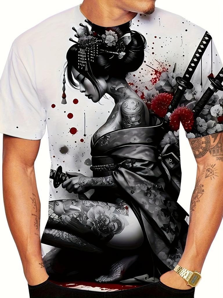 Japanese Geisha 3D Printing Men's Lightweight Breathable T-shirt Street Trend Fashion Wear Casual Sports Top Moisture Wicking