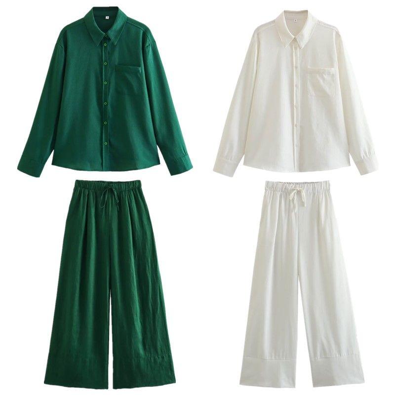 Fashion Style Summer Fashion Women's Wear Long Sleeves Pocket Linen Shirt High Waist All-Match Wide Leg Pants 4786090