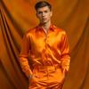 Men Shirt Lapel Long Sleeve Single Breasted Shirt Tops Pure Color Glossy Design Smooth Satin Shirt Versatile Daily Wear