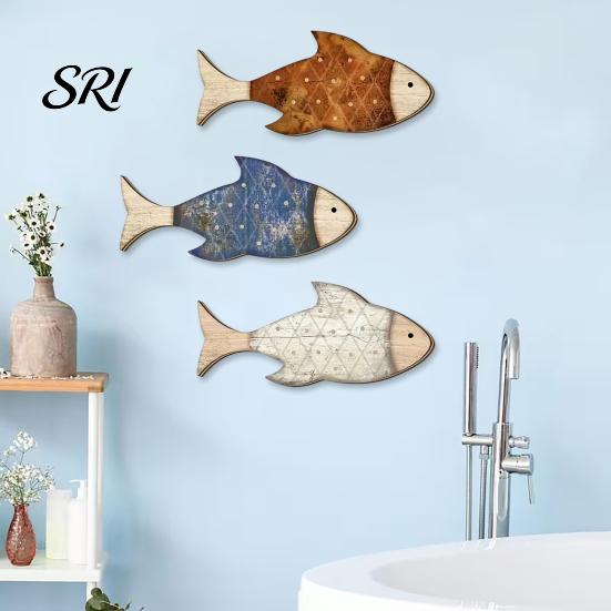 Eco-friendly Wall Decor 3 Pcs Rustic Wood Fish Art Beach Nautical Hanging Living Room Ocean Sculpture for Home Bathroom Solid