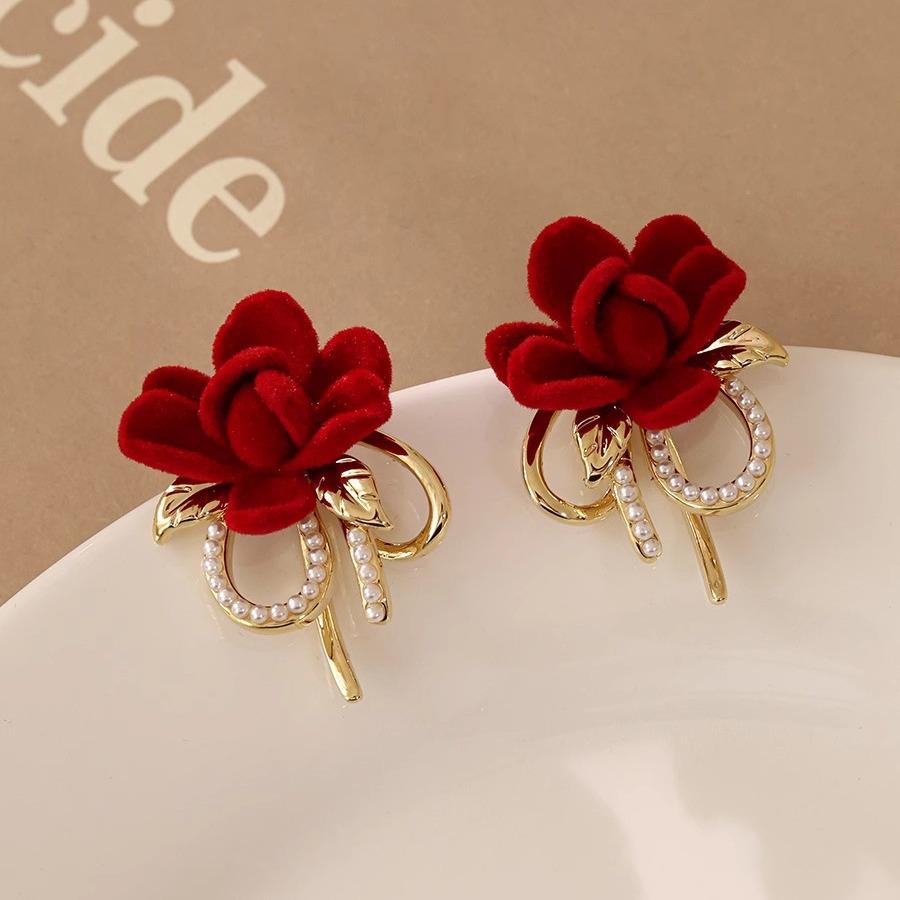 Red Velvet Floral Stud Earrings with 925 Silver for Women - Elegant French Design for Autumn/Winter