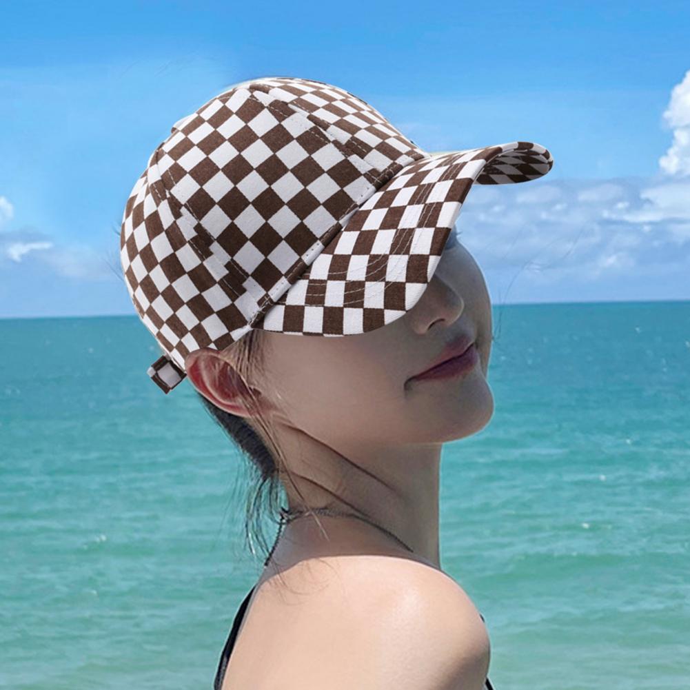 Unisex Baseball Hat Plaid Print Color Matching Long Brim Adjustable Ponytail Hole Anti UV Sun Outdoor Sport Peaked Ca