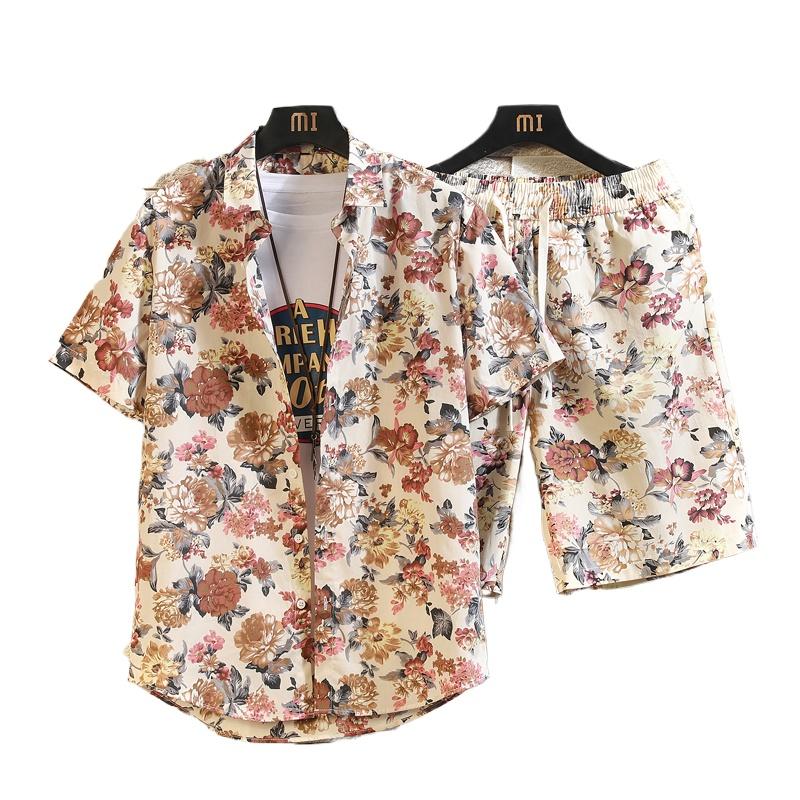 2026 Men's Cotton Beach Vacation Set, Shirt with Matching Drawstring Shorts, 11 Print Options Stylish Summer Suits, Asian Size