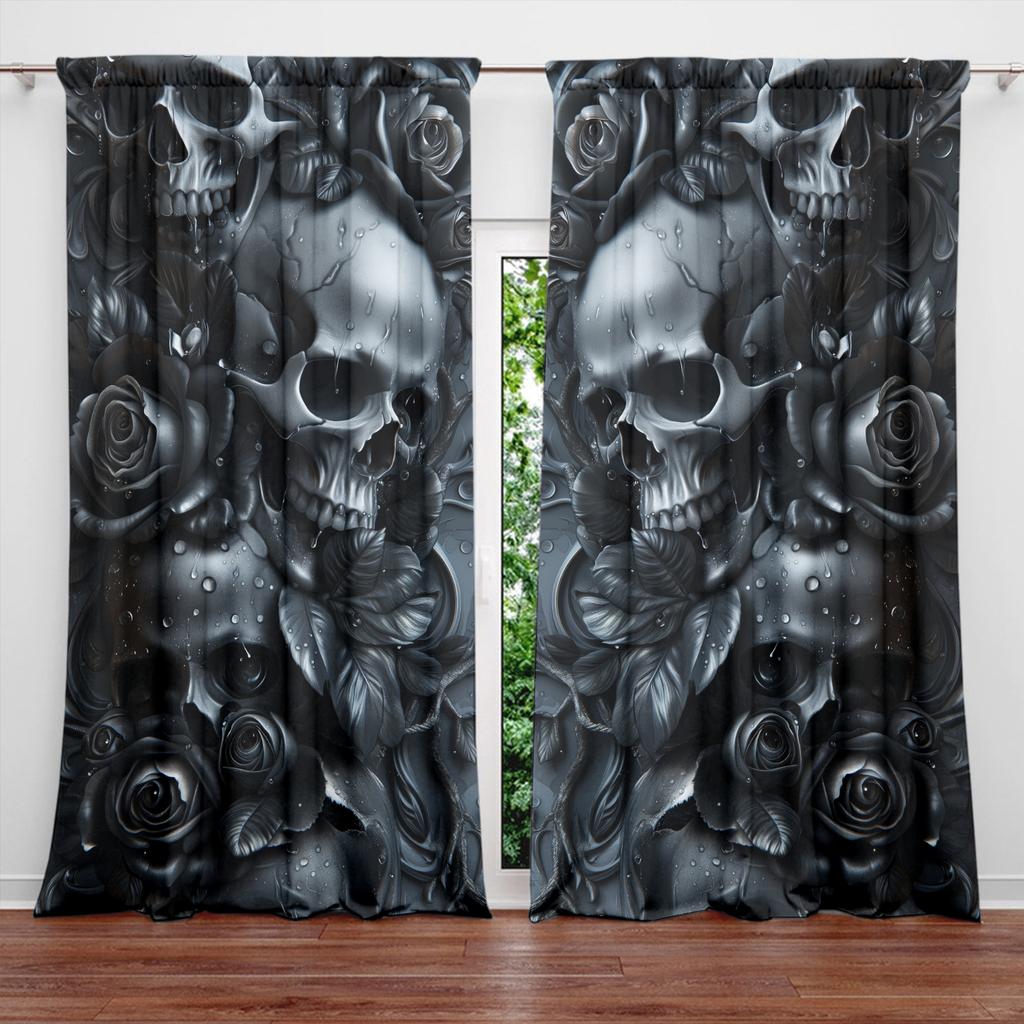 2pcs Terrifying Black Skull and Rose Printed Curtain for Halloween Home Decor - Rod Pocket Window Treatment for Bedroom, Office,