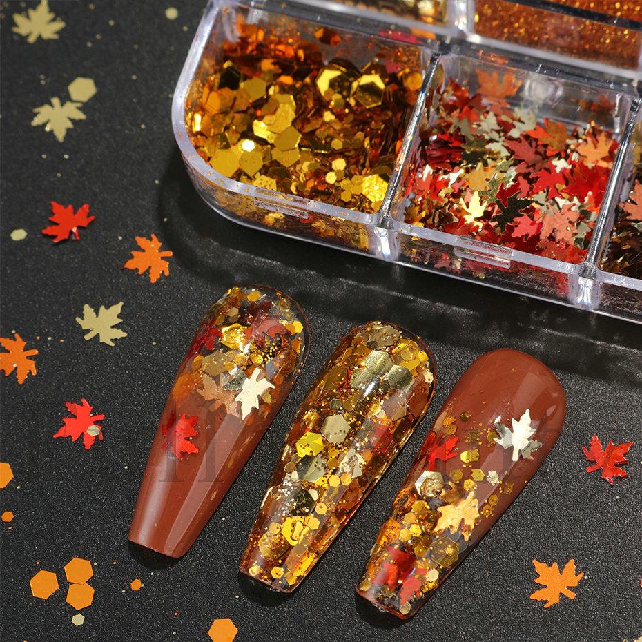 Nail Art Sequins 6-Gate Box Autumn Thanksgiving Maillard Color Symphony Maple Leaf Sequins Glitter