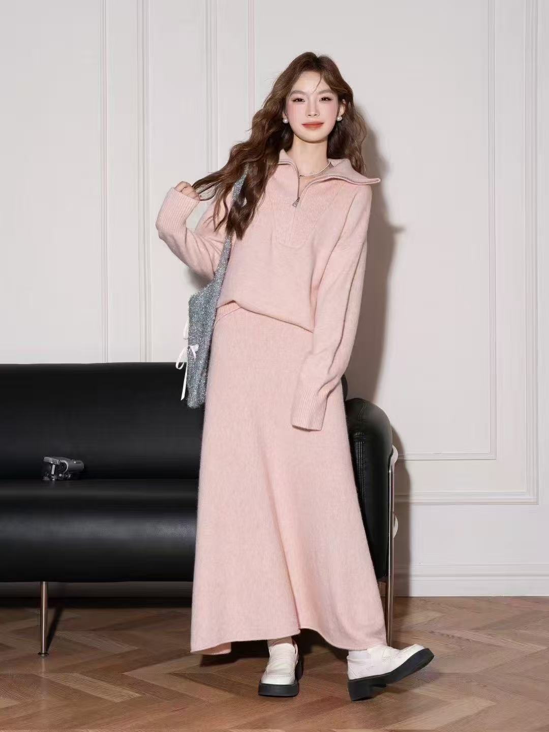 

Дизайн Лацкан Ленивый Пуловер Свитер Вязаная Юбка Костюм-двойка Женский One Size розовый