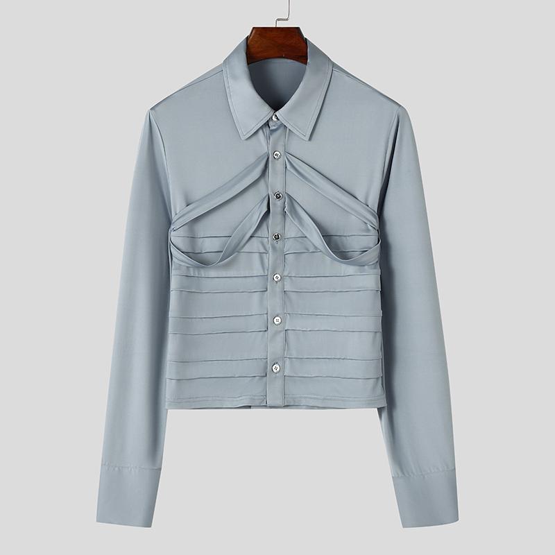 

INCERUN Мужские повседневные топы с длинным рукавом, однотонные, короткие рубашки 3XL синий