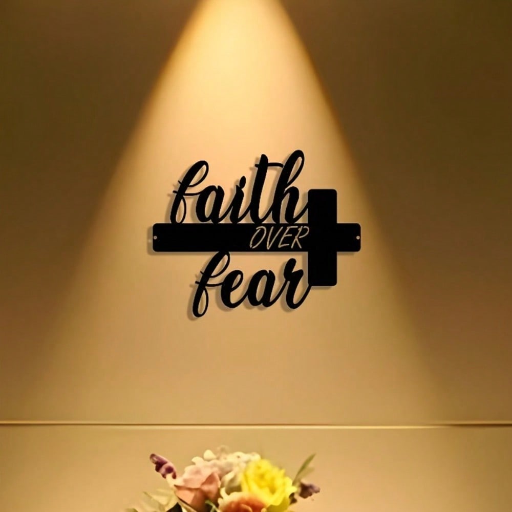 Vintage Faith Over Fear Cross Metal Sign Iron Wall Decor Inspirational Plaque Home Office Gift