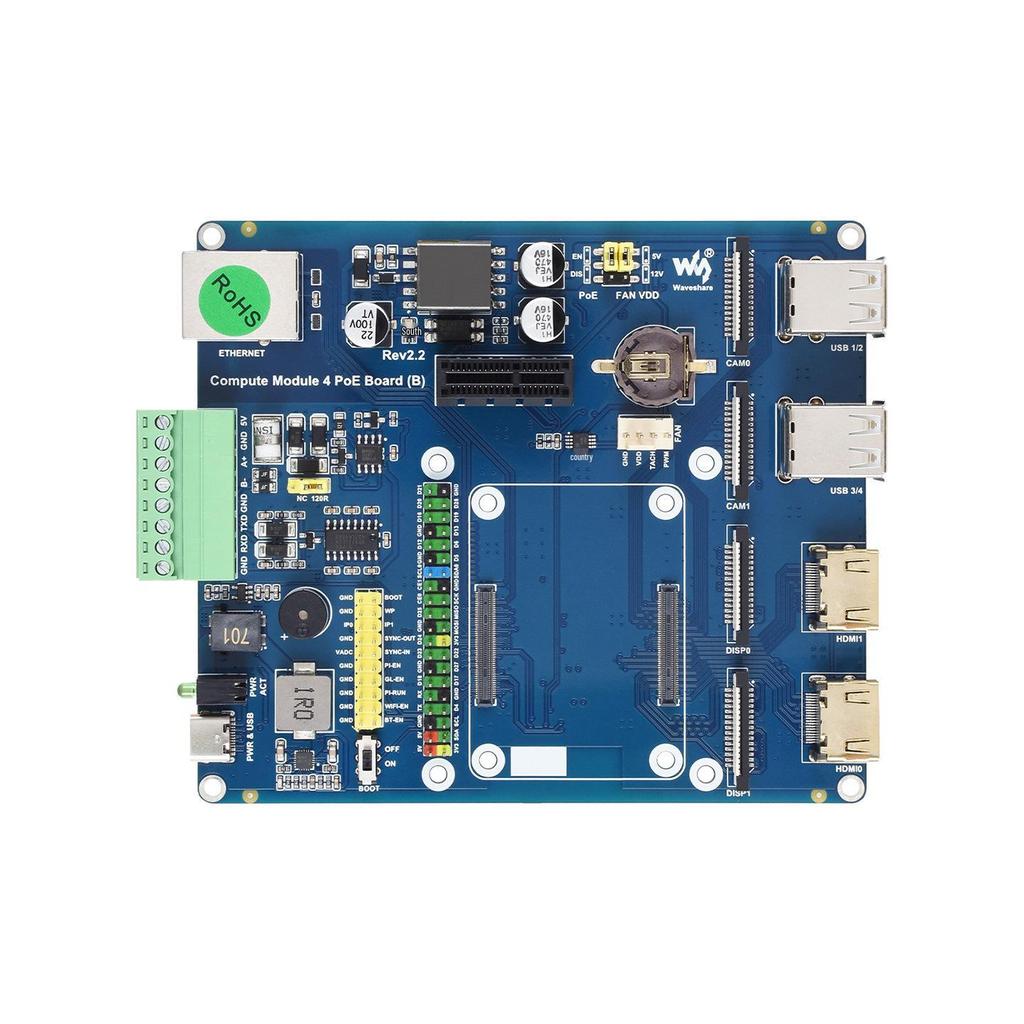 MicroSnow PoE Expansion Board Type B for Raspberry Pi CM4 with Dual DSI/CSI, Quad USB, and Case.