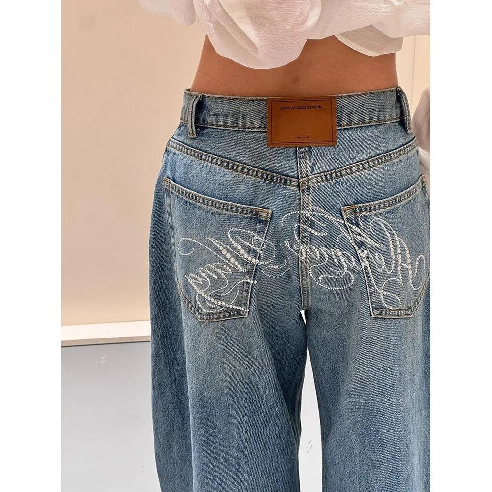 ZYLLO Letter Hot Diamonds High Waited Jeans Woman Street Fashion Baggy Jeans Women Clothing Casual Versatile Pants Women