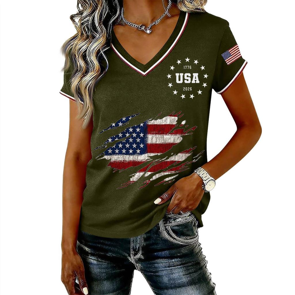 Womens V Neck Short Sleeve Pullover T Shirt with USA Independence Day Print Casual Loose Fit Top for Summer Daily Wear