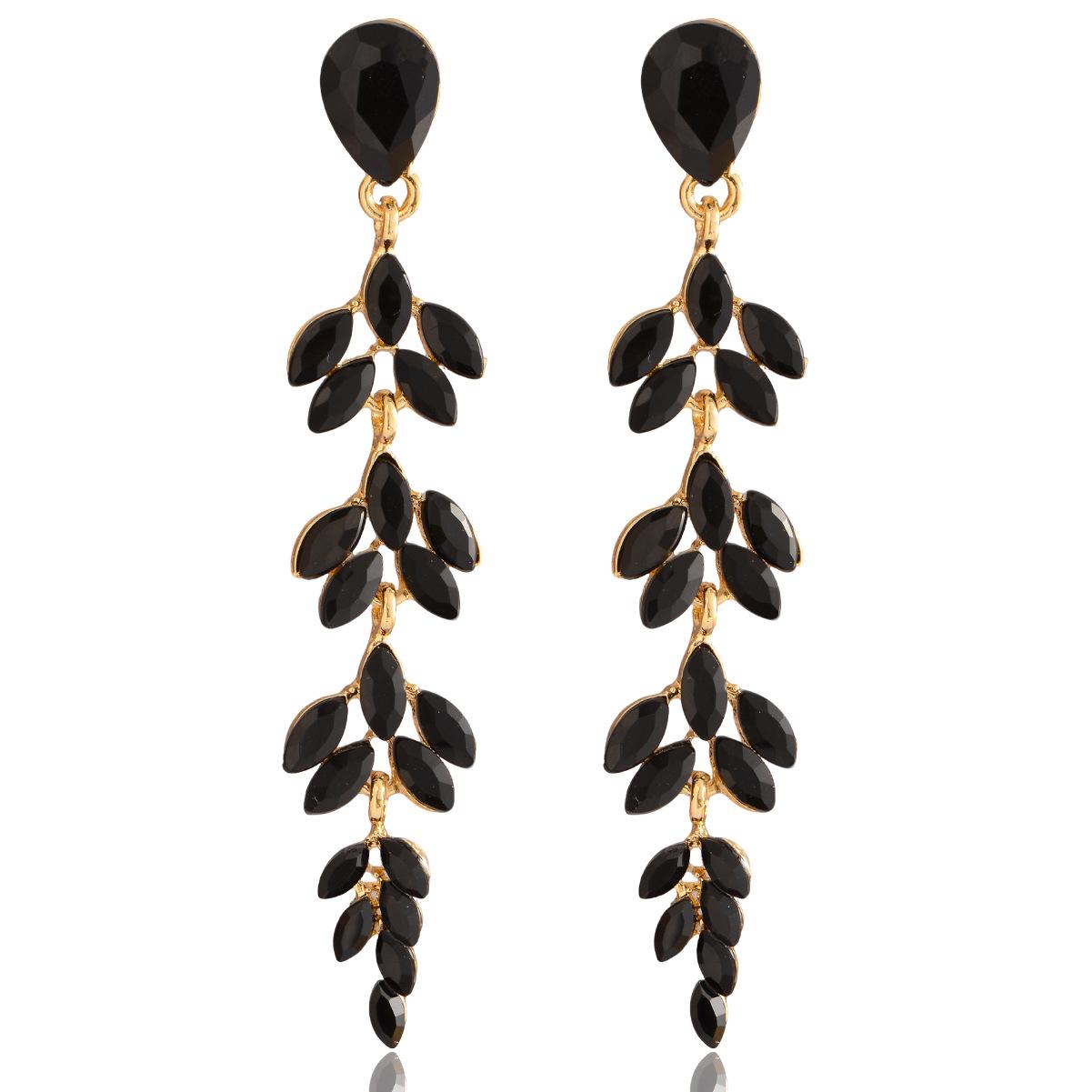 

Luxury Wheat Ear Willow Leaf Long Earrings Gold Plated Crystal Fashion Evening Party Drop Earrings For Women чорний