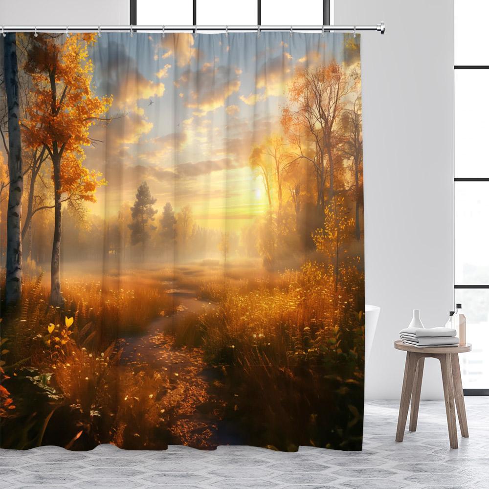 

Осенний лес Шторы для душа Красные кленовые деревья Опадающие листья Дорога Осенний пейзаж Ткань Домашний декор для ванной комнаты Штора с крючками 90x180cm-35x70in