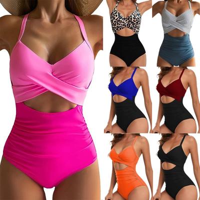 One-piece Solid Color Swimsuit Women's European and American Backless Splicing Sexy Swimsuit Cross Leopard Print Straps