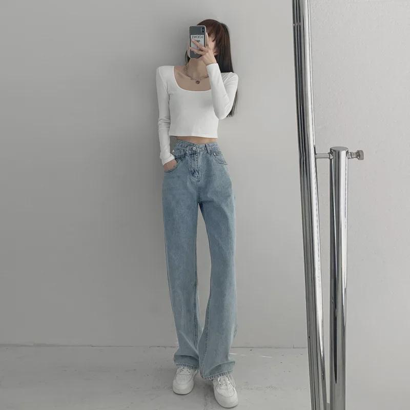Leichte, hoch taillierte Straight-Jeans für Damen im Sommer 2022 – lockere, schmale, überkreuzte Taille, dünne, weit geschnittene, bodenlange Hose