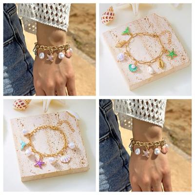 Modisches Perlmutt Seestern Armband Quaste Boho Metall Gold Armband Goldfarbe Ozean Stimmung Bohemian Strand Schmuck Party Schmuck