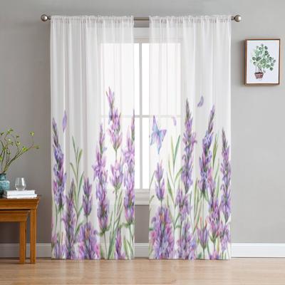 Watercolor Lavender Flowers Sheer Curtains For Living Room Window Transparent Voile Tulle Curtain Bedroom Drapes Home Decor