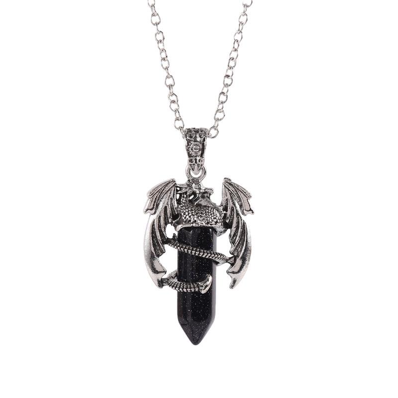 Vintage Flying Dragon Pendant Necklace with Amethyst, Rose Quartz, and Tiger Eye Gems