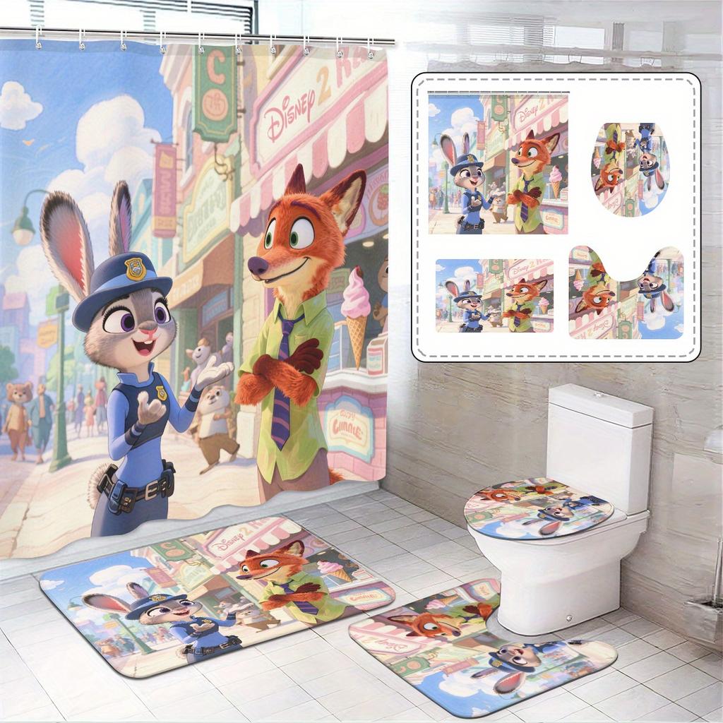 Disney Zootopia Movie Bathroom Accessories Set, 4 Pieces Waterproof Polyester Shower Curtain with Rings, Trendy Decor